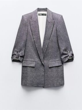 ZARA Linen Blend Blazer with Rolled-up Sleeves